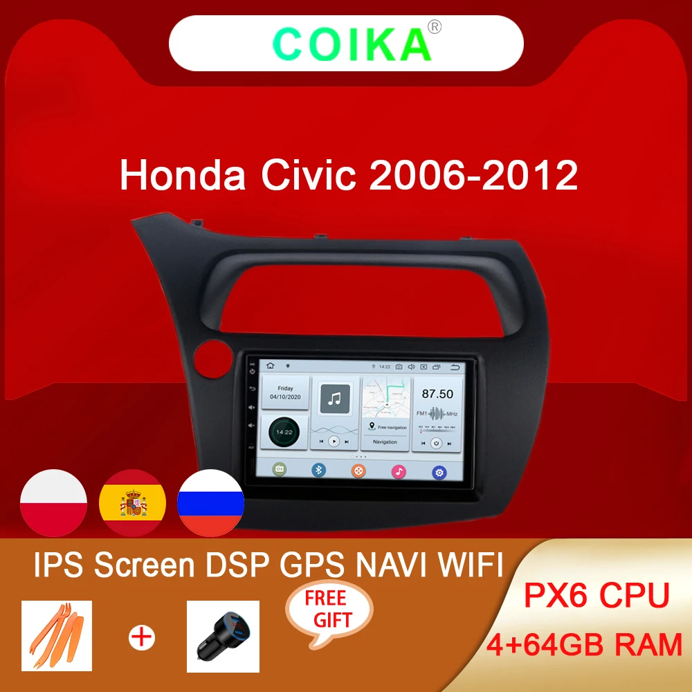 

PX6 4+64GB Android 10 System 2 Din Auto Radio For Honda Civic 2006-2012 BT Multimedia Stereo Car GPS Navi Stereo DSP Audio