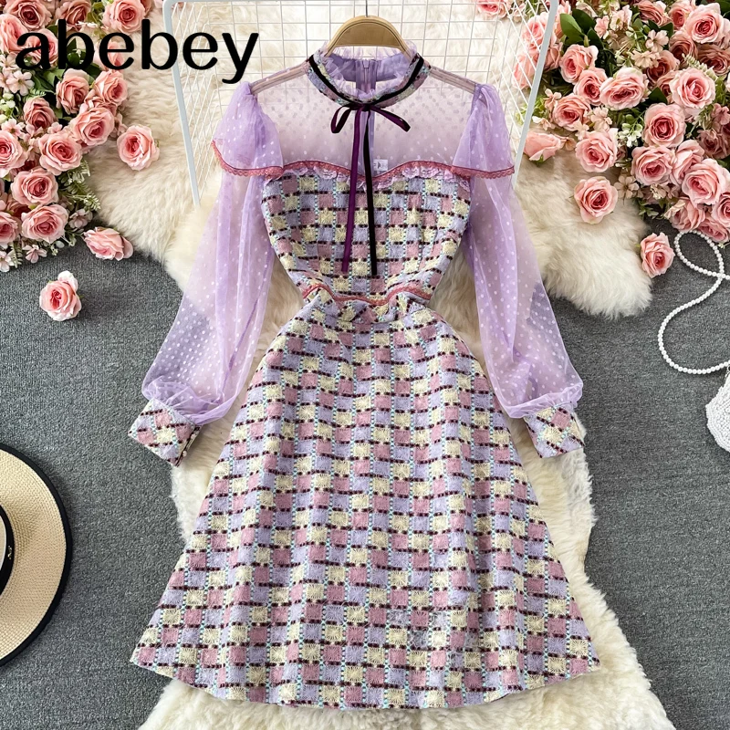 

Новинка 2021, весенне-осеннее винтажное платье с воротником-стойкой и длинным рукавом, кружевное лоскутное платье средней длины с агарически...