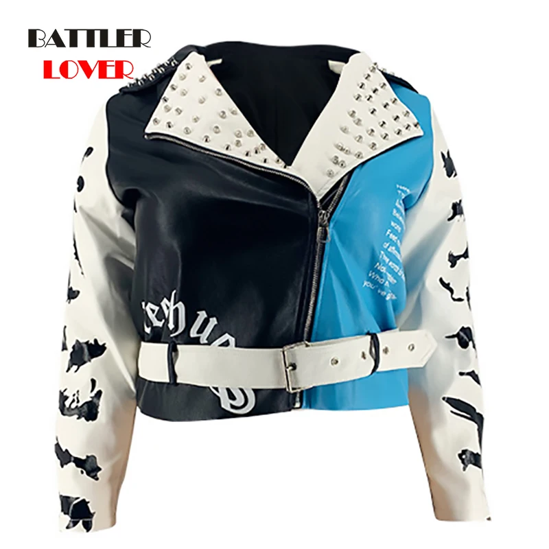 

Women Rivet Beading Leather Jacket New Fashion Hip Hop Streetwear Chains Coat for Female Graffiti Moto Biker Outwear