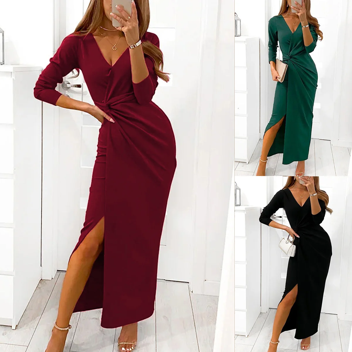 

Women Irregular Ball Gown, Adults Autumn Solid Color V-neck Long Sleeve Slit Dress 2021 New Fashion