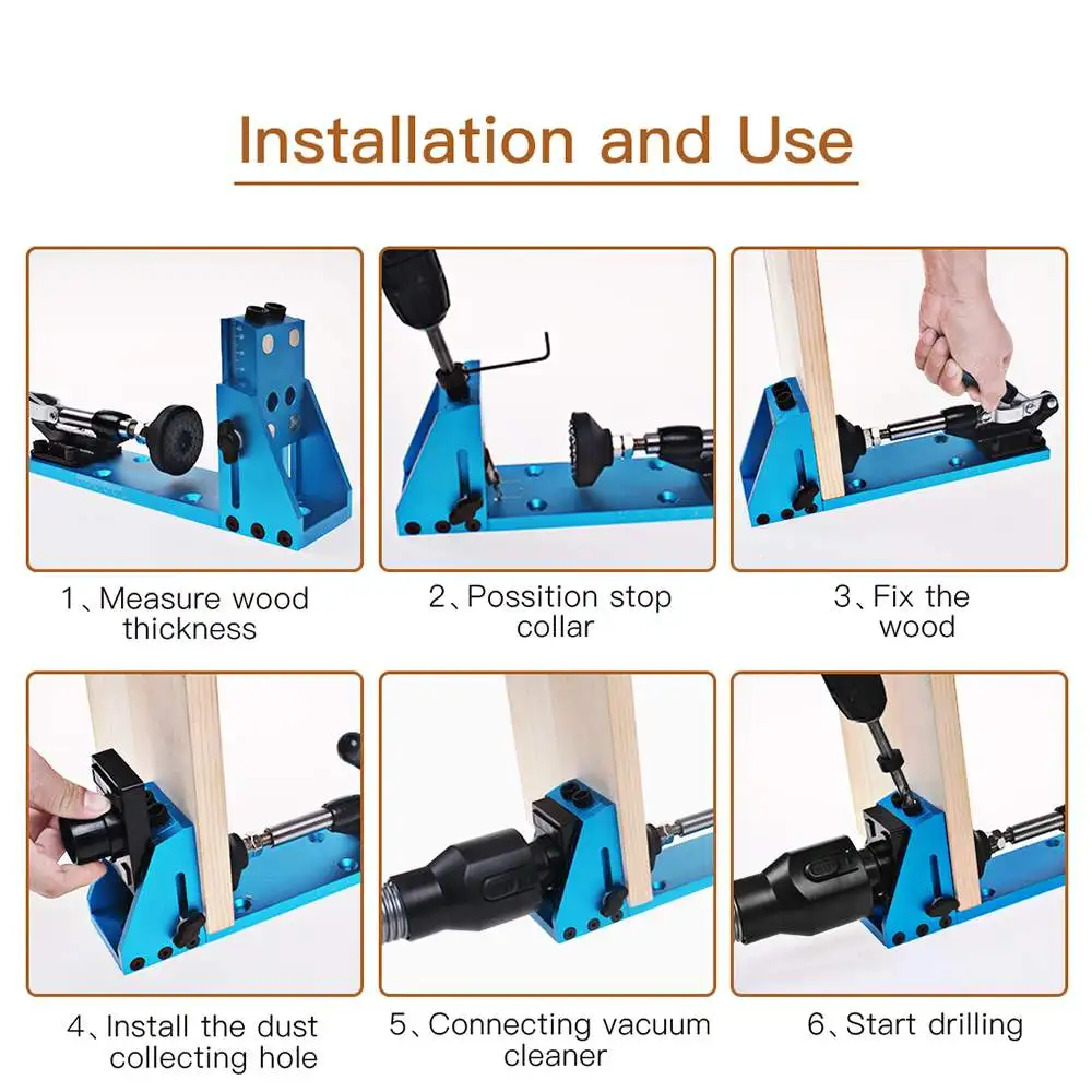 

Wood Working Tool Pocket Hole Jig with Toggle Clamp and 9.5mm Hole Guide Drill Bit For Carpenter Hardware w/Dust Removal Port