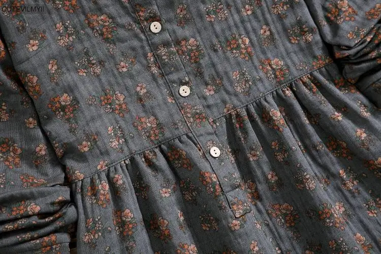 

Autumn Spring Women Loose Stand Collar Floral Printed Retro Vintage Cotton Linen Dress