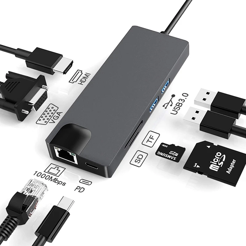OPQ-USB C Hub 8-в-1 USB адаптер с 4K к HDMI VGA PD зарядный порт 2 3 0 SD/TF кардридер гигабитный Ethernet |