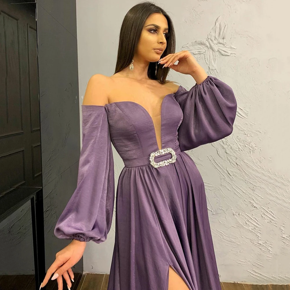 

Purple Satin Evening dresses Long 2021 Deep V-Neck Long Sleeves Prom Gowns A-Line Side Split Plus Size Custom vestidos de fiesta