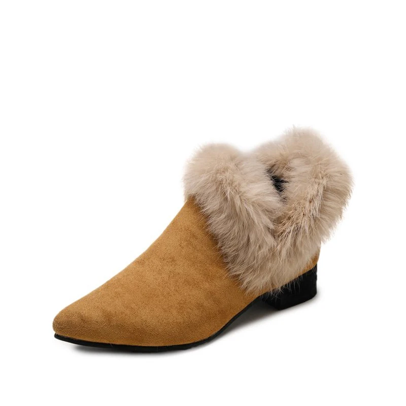 Однотонные туфли на высоком толстом каблуке из флока с острым носком меховая