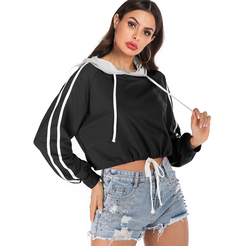 

2021 Woman New Style Pure Color Hooded Long Sleeve Short Sweatshirts Loose Stripe Casual Pullovers