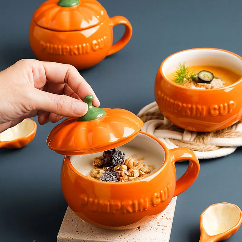 

Креативная керамическая чаша в форме тыквы с крышкой, 300 мл, чашки для кофе ручной работы, чашка для чая, молока, чаши для супа, для завтрака, д...