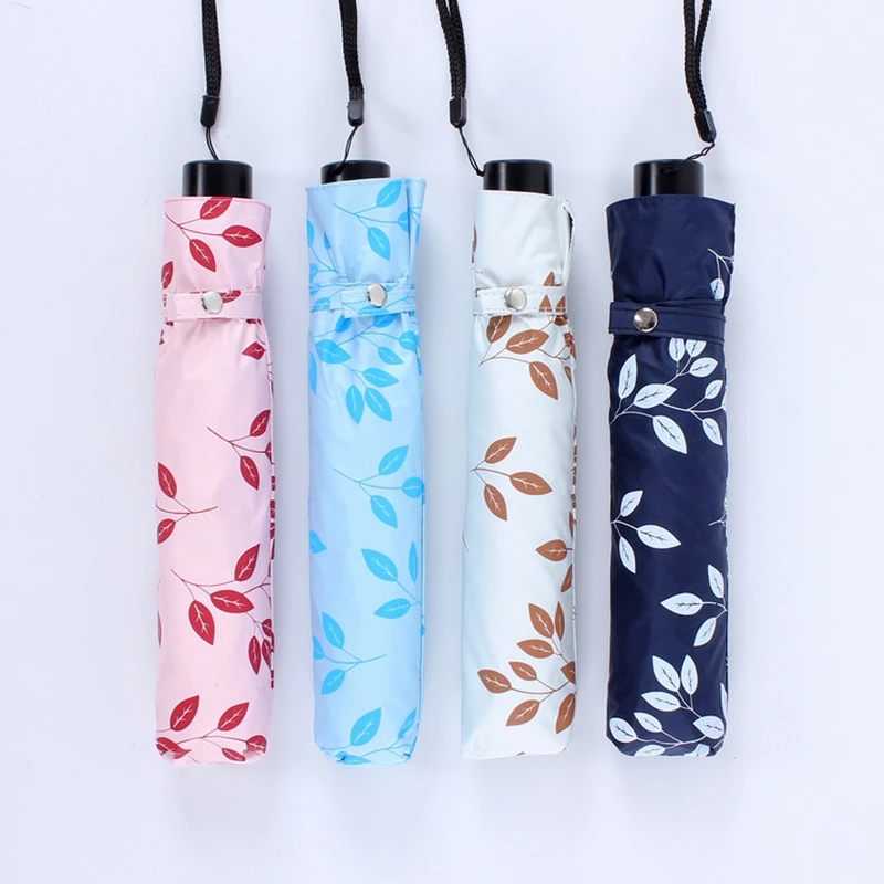 

6 Ribs 200g Leaf Pattern Rain Sun Umbrella For Women Portable Pencil Umbrella For Female Manual 3-fold UV Umbrella Easy To Carry