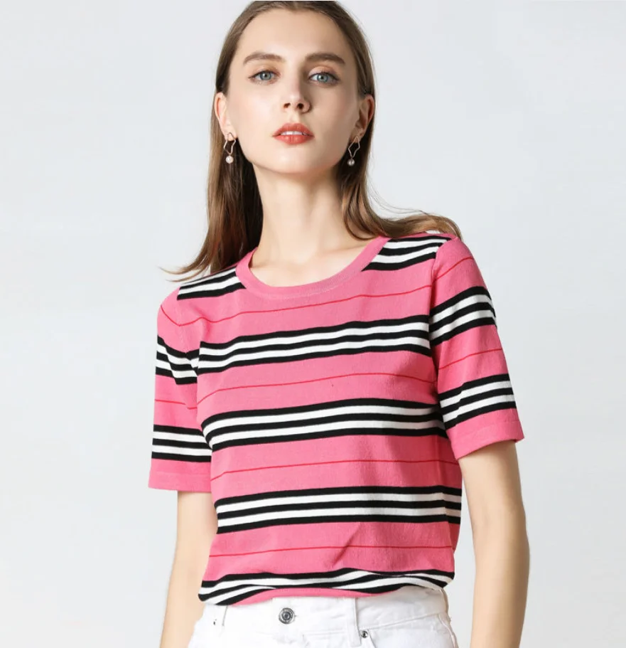 

Summer T-shirt women's short sleeve 2021 new striped knitted bottomed shirt versatile loose thin top