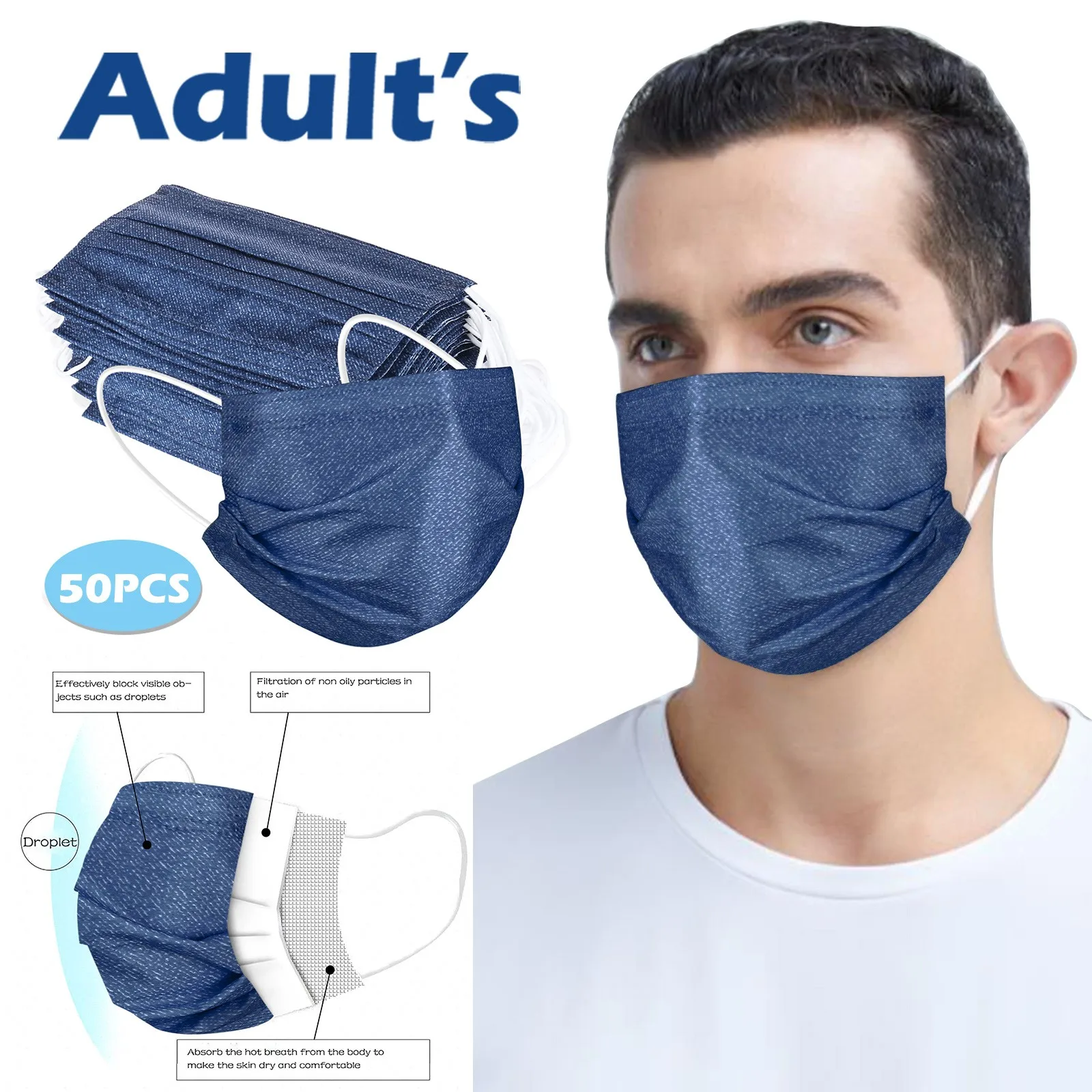 

50pc Disposable Face Mask For Men Anti-dust 3-layer Filter Pm2.5 Mask For Adult Protective Masks Earloops Bandage