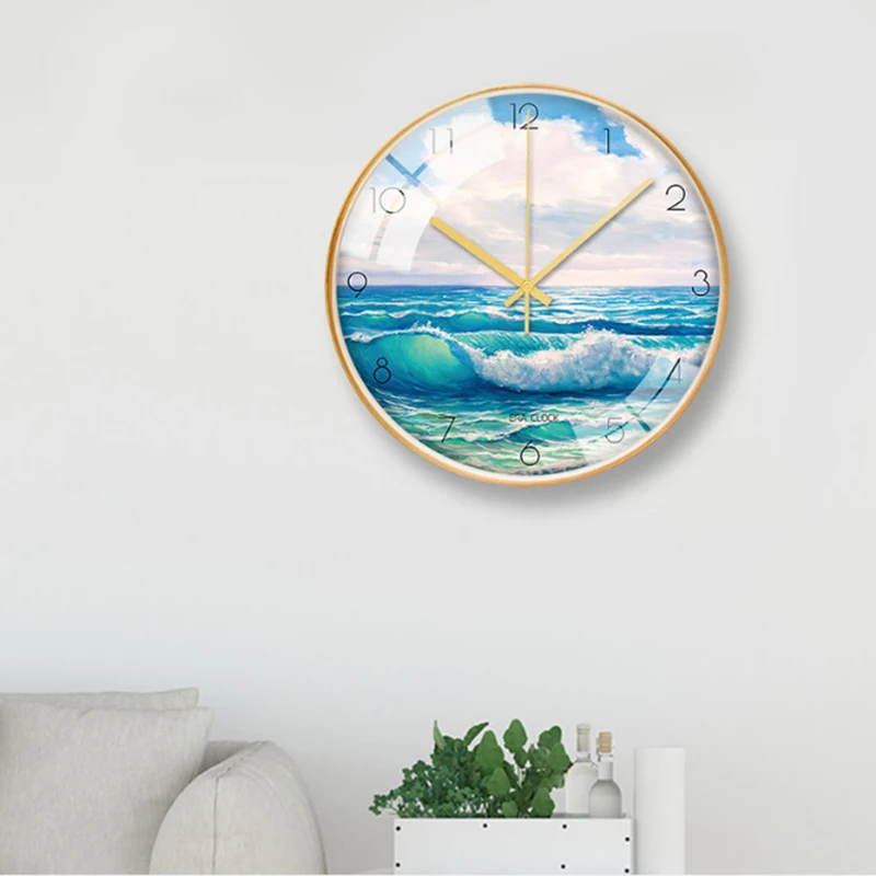 Декоративные настенные часы с синим океаном бесшумные кварцевые круглые