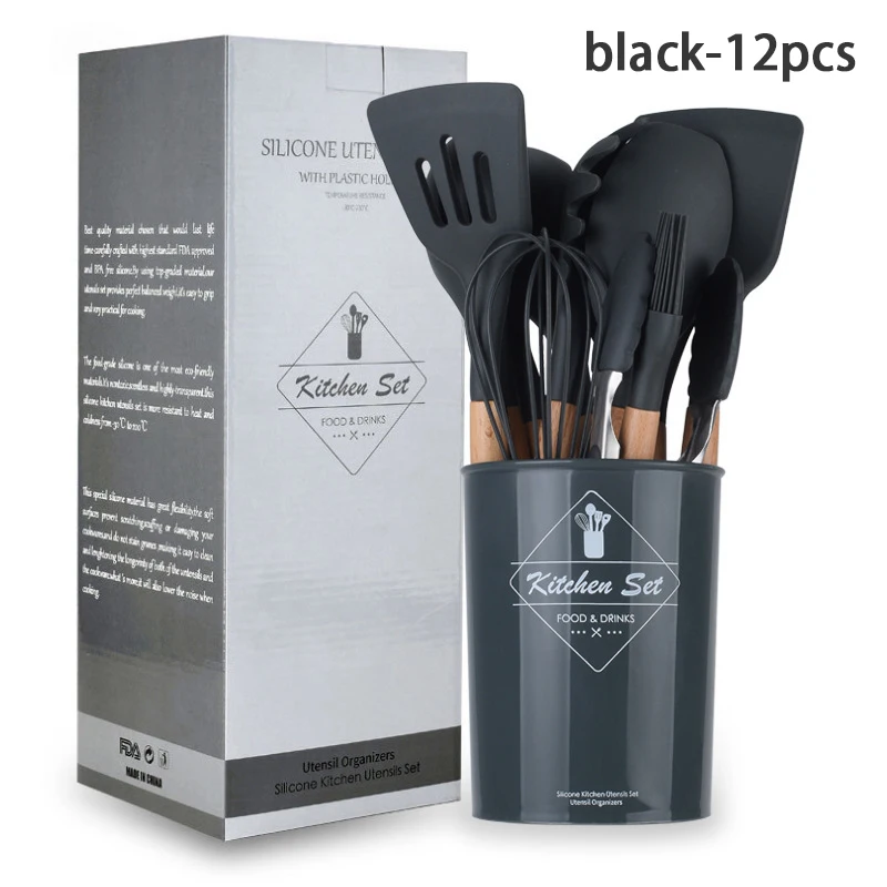 GJCJ003-black-12pcs Силиконовый набор кухонной посуды, кухонные наборы, кухонный набор, аксессуары, гаджеты, инструменты с держателем, коробка с антипригарным покрытием, экологичный - Цвет: GJCJ003-black-12pcs