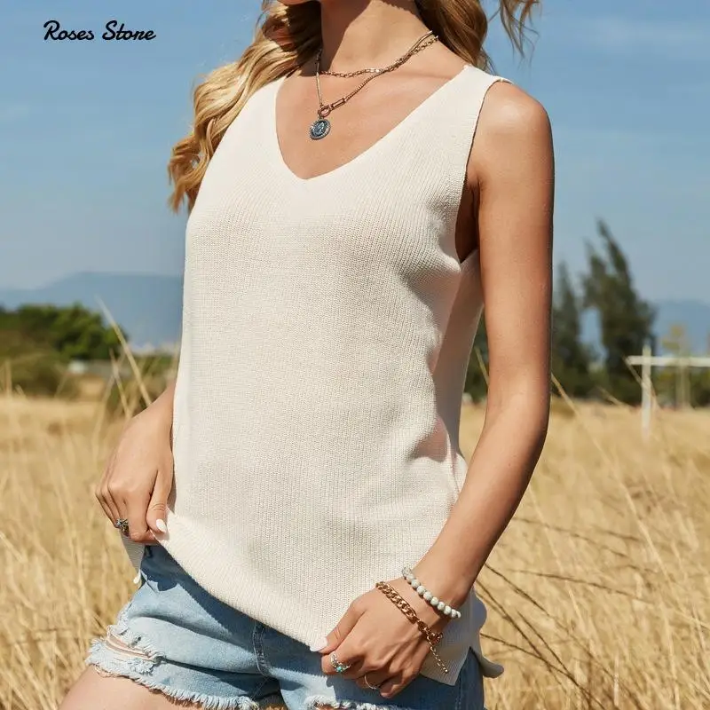 

Женская хлопковая трикотажная майка, сексуальные топы без рукавов с V-образным вырезом, повседневная черная одежда, весна-лето 2021