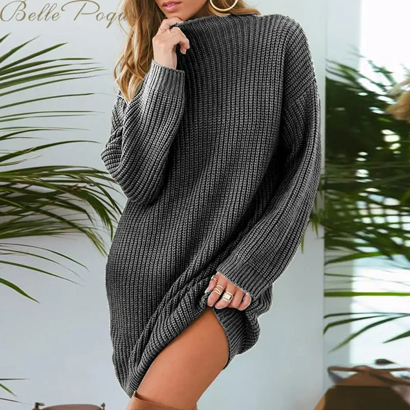 Belle Poque размера плюс теплый длинный вязаный уличная одежда женский свитер для