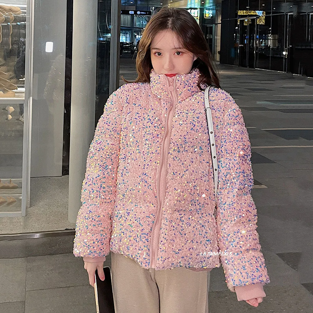 2022 Full Sequins Winter Down Jacket Women Hooded Parkas Fashion  Zipper Loose Plu Coat Thick Warm Overcoat Winter Feather Coat