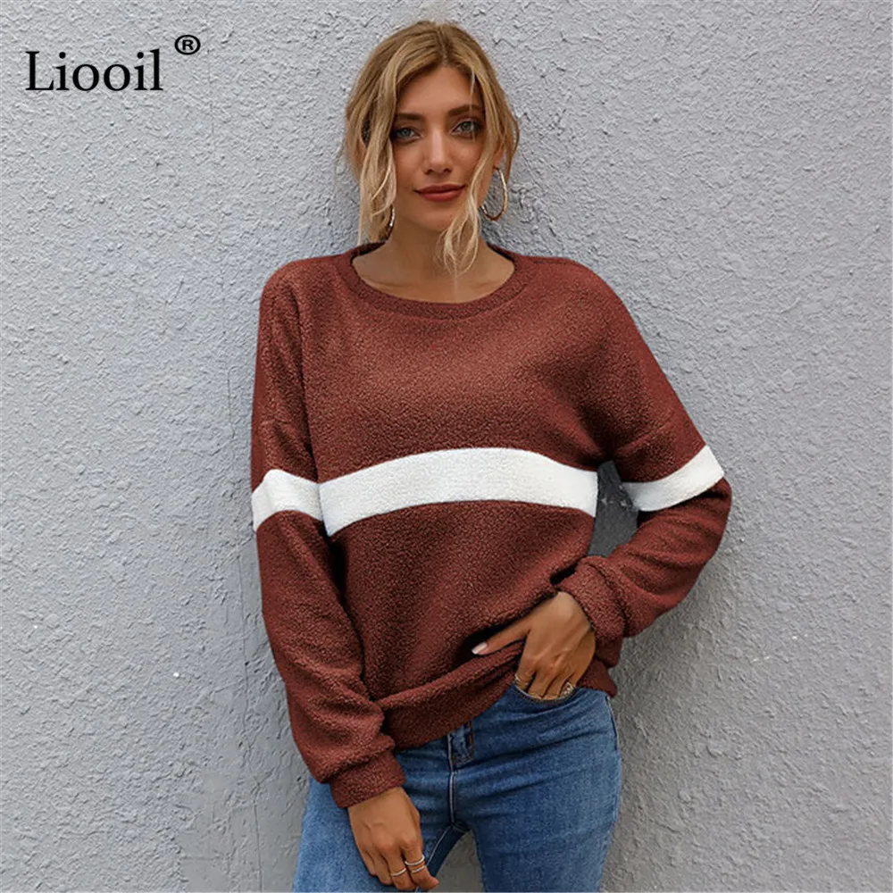 

Liooil Patchwork Crewneck Sweatshirt For Women 2021 Long Sleeve Pullover Autumn Winter Blouses Casual Ladies Black Sweatshirts