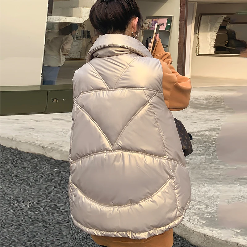 

Shinny Winter Puffer Vest Women Solid Turn Down Collar Zipper Quilted Ladies Sleeveless Jacket Loose Korean Style Waistcoat