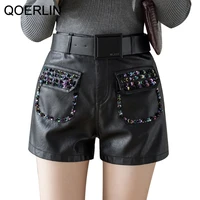 qoerlin sequin high waist pocket pu shorts women streetwear sexy beaded wide leg shorts loose casual leather trousers
