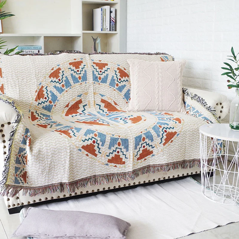 

Double Sided Slipcover Protector with Tassels,Bedspread,Plaids,Geometric Abstraction sofa blanket ,non slip sofa cover,Cotton