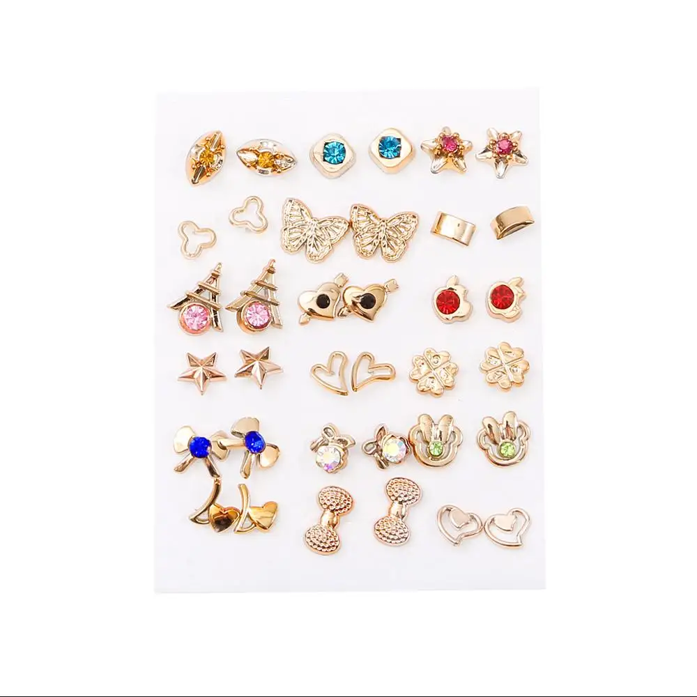 

18Pairs Gold Color Rhinestone Hollow Flower Animals Butterfly Star Mix Style Plastic Stud Earrings Set For Women Crystal Earring