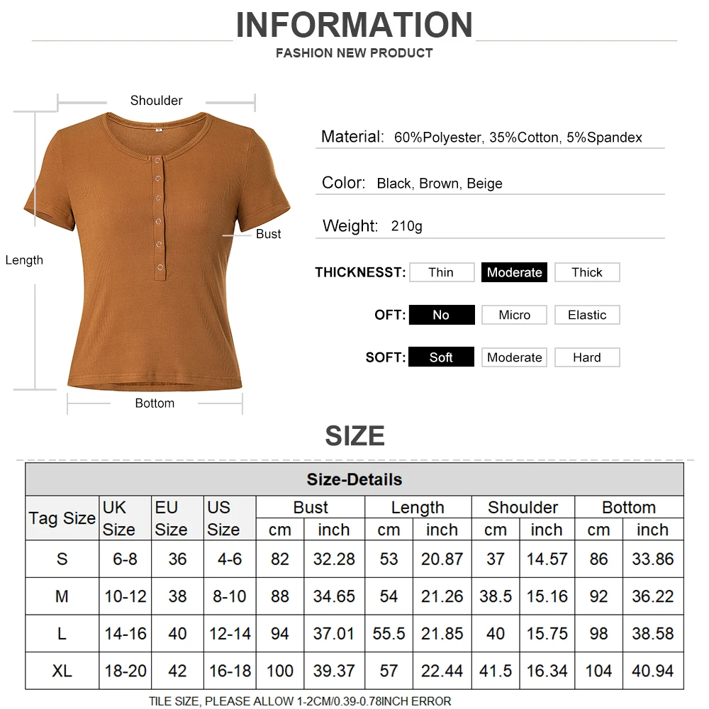 

Slim Fit Knitted Basic Tshirt Tops Summer Women O Neck Button T-shirt Short Sleeve Ribbed Tee Shirt Casual Solid Color Tops D30