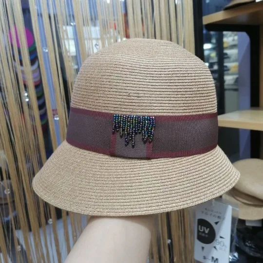 

202103-XUXU new summer fine paper Handmade beading ribbon leisure lady bucket cap women fishermen hat