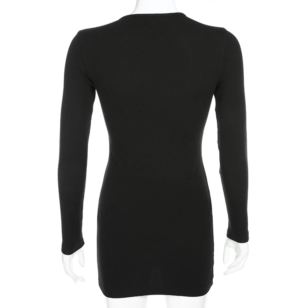 

Harajuku Knitted Slim Women Mini Dress With Button Streetwear Black Bodycon Long Sleeve Above Knee Dresses Femme Vestidos