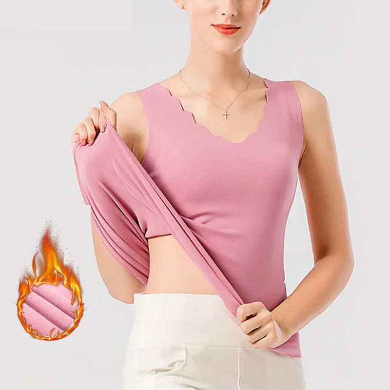 

Thermal Shirt Women Sleeveless Elastic Velvet Vest Women Thermal Top Petal Neckline Warm Underwear Women Soft thermo shirt women