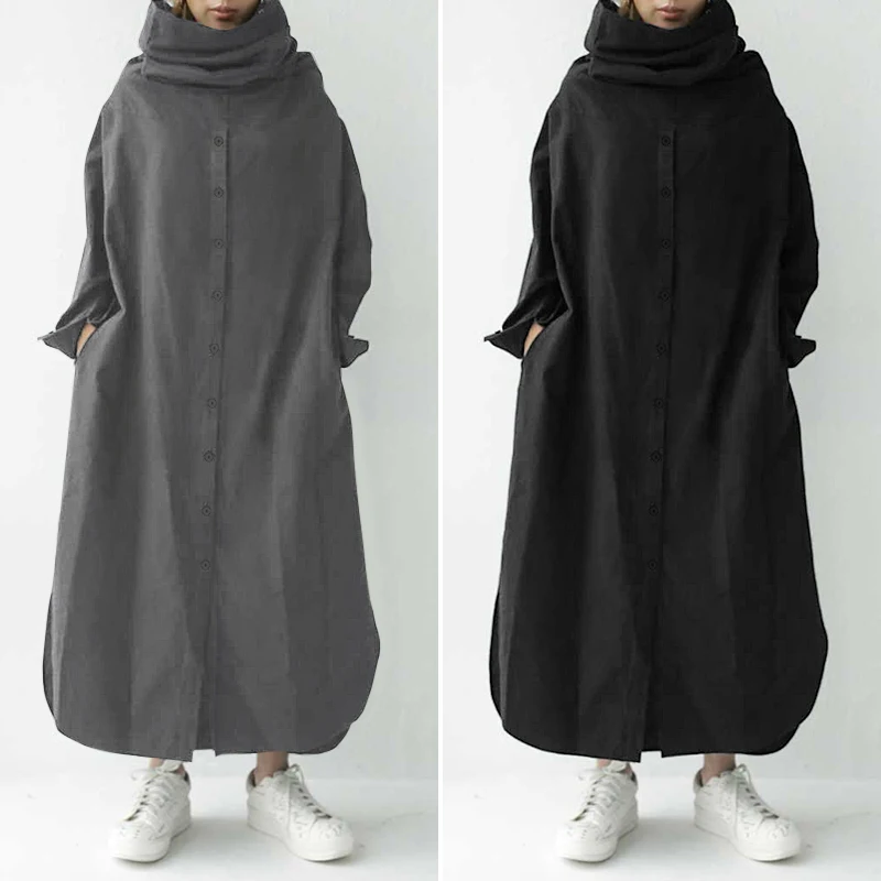 

ZANZEA Stylish Turtleneck Hoodies Dress Women Autumn Sweatshirts Casual Long Sleeve Split Vestidos Female Button Robe Oversized