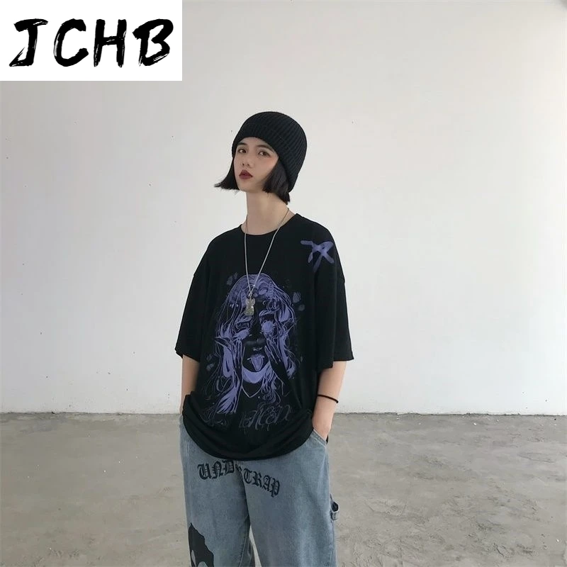 

2021 Summer Cartoon Short Sleeve T-shirt Women Streetwear Loose Letter Printing Harajuku Graphic Tee Oversized Chinese Fashion T