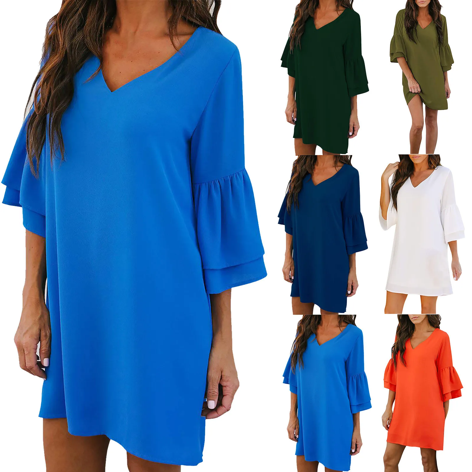 

Women's Dress Sweet & Cute V-Neck Bell Sleeve Shift Dress Mini Dress vestido de mujer summer dress платья для женщин 2021