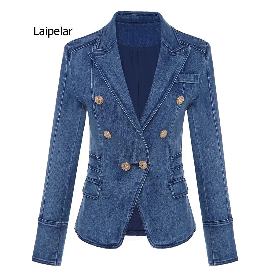 New Fashion 2021 Designer Blazer Women's Metal Lion Buttons Double Breasted Denim Blazer Jacket Outer Coat