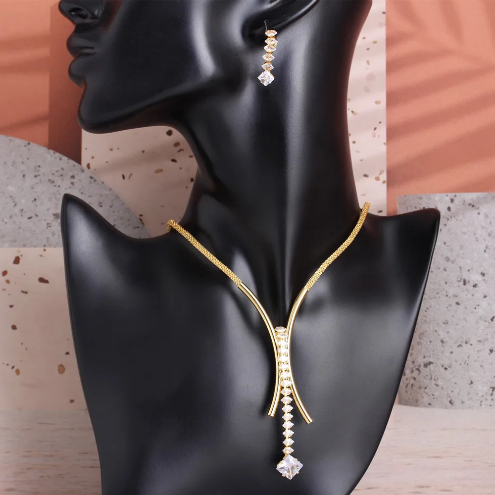 

Trendy Shine Zircon Long Chain Necklace Women Crystal Dangle Earrings Jewelry Romantic Wedding Bridal Party Accessories Gifts