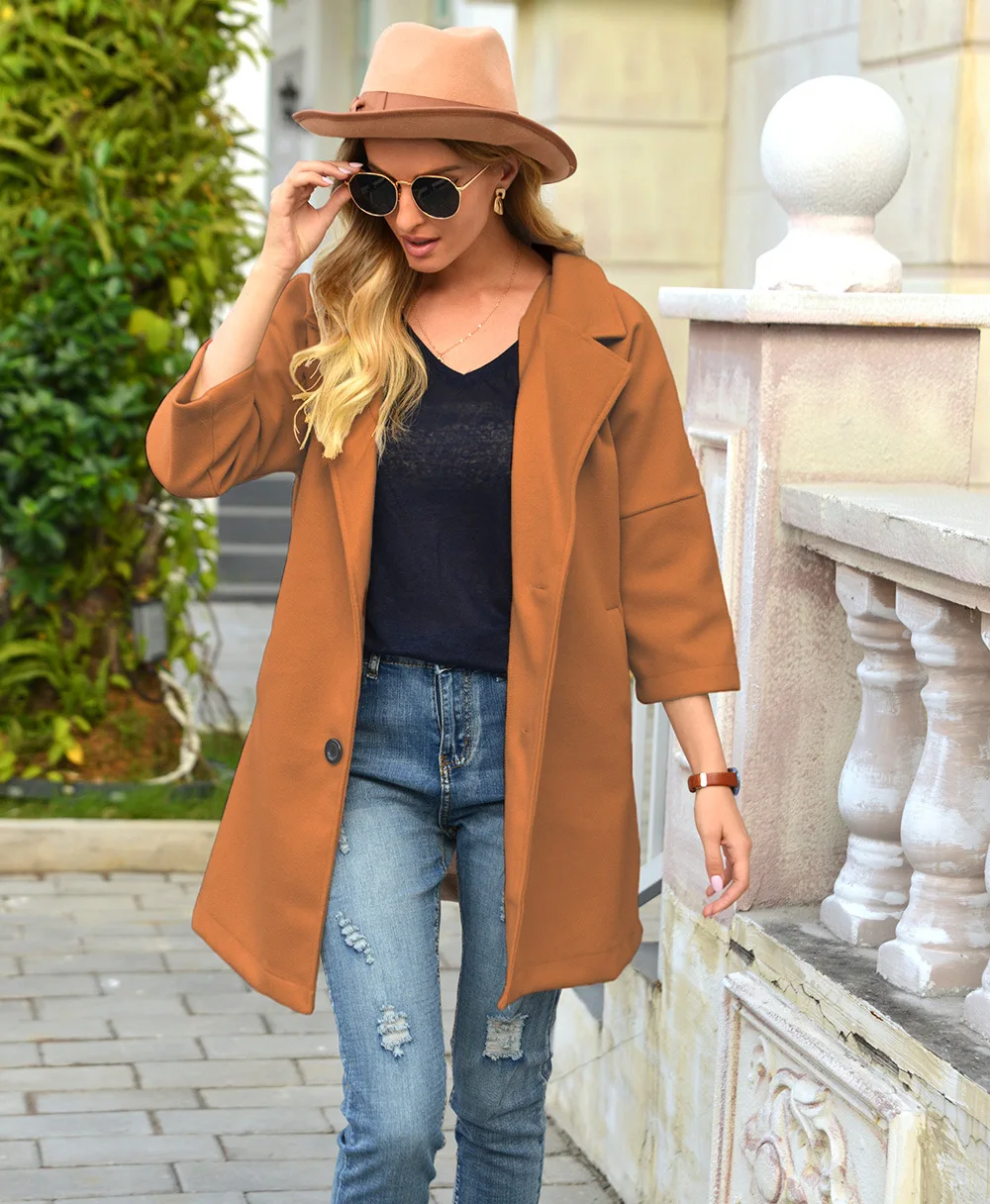 

Autumn/winter woolen woolen long jacket with seven-quarter sleeves and lapels