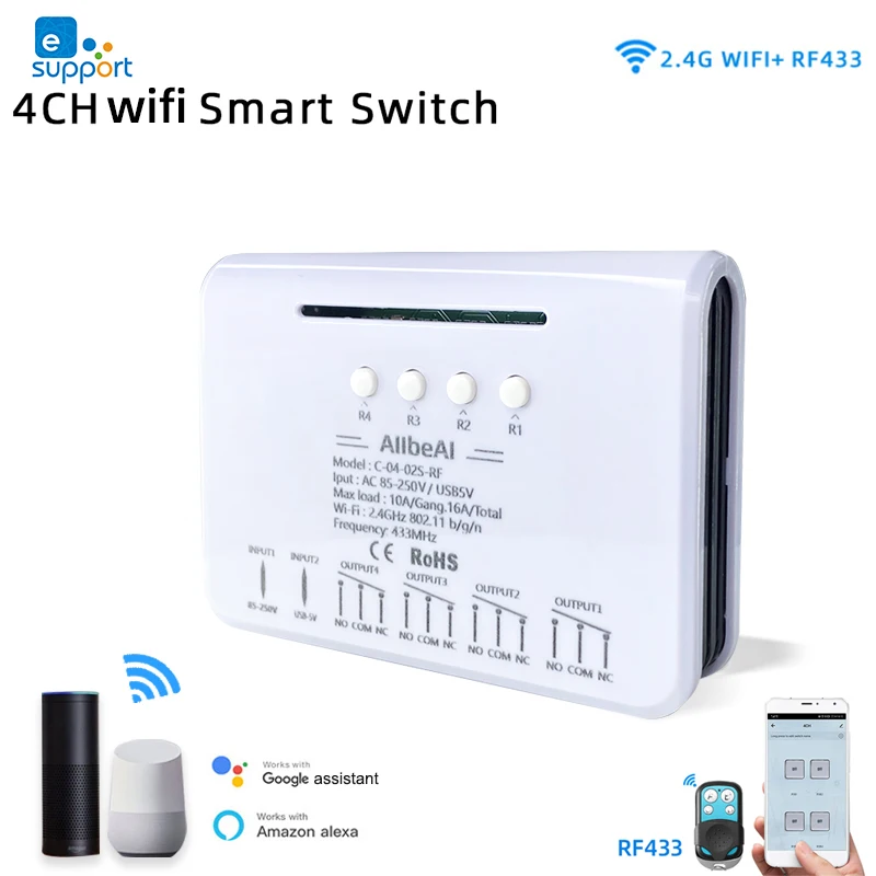

eWeLink Smart Wifi 4CH Switch Module,Motor Controller,DC 12V 24V 32V,110V 220V,4 Channel Pulse Relay,Alexa Google RF433 Remote