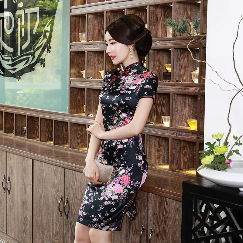 Black cheongsam Китайское традиционное платье для женщин, элегантный повседневный Повседневный чеонгсам, сексуальный короткий рукав, Qipao, цветочный принт, свадебное платье невесты - Цвет: Black cheongsam