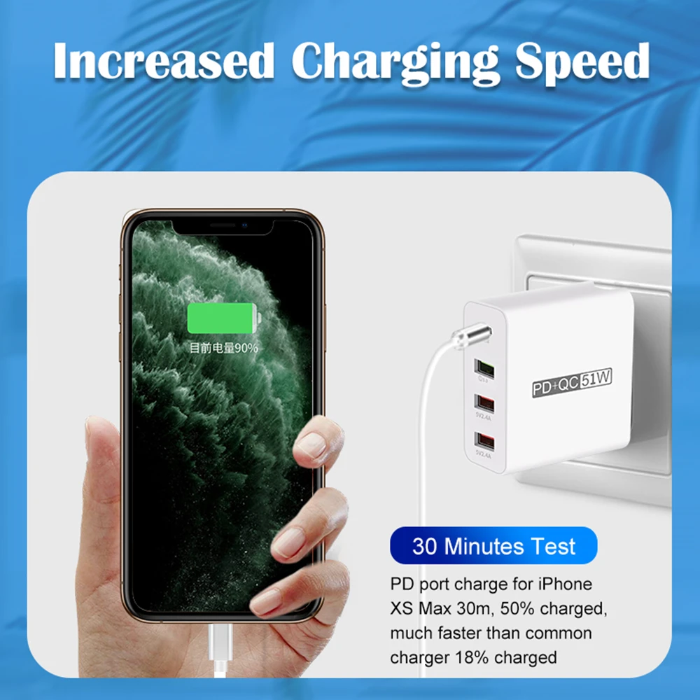 4 Ports USB PD Charger 51W Type C QC 3.0 4.0 Quick Charge Wall Charger For iPhone Huawei Xiaomi Fast Charging USB Power Adapter