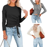 womens round neck side drawstring ribbed long sleeved shirt casual slim shirt solid color shirt shirt spring and autumn