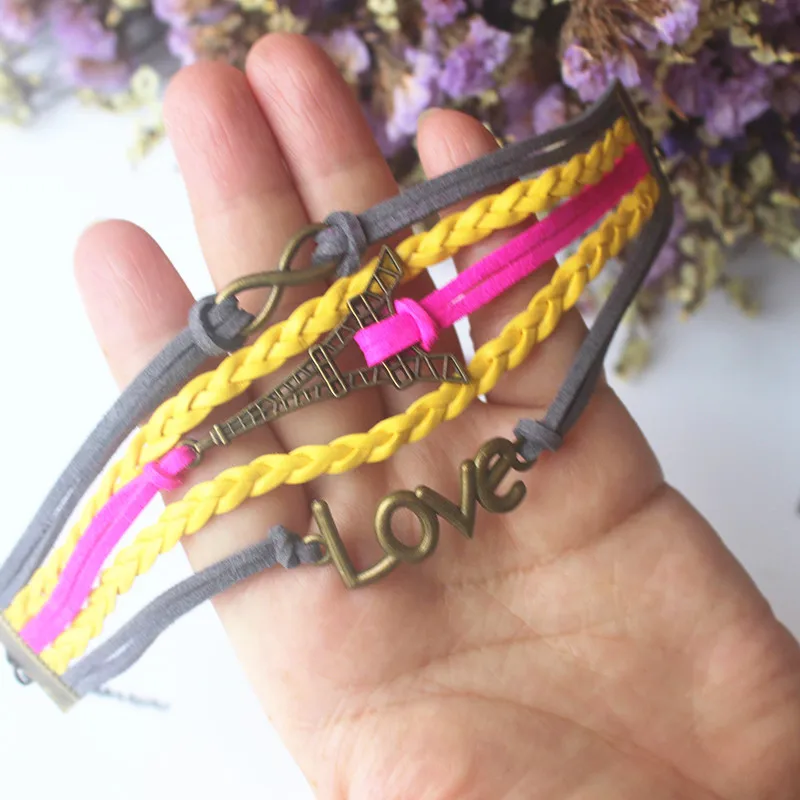 

Colorful Multilayer Braided Bracelet Love Letter Leather Jewelry Tower Charm Bracelets Wholesale Promotion Gift