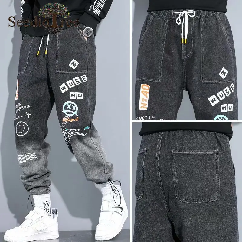 Printed Korean Men's Jeans Loose Denim S-5XL Large Size Casual Pants Hip Hop Cargo Pants Overalls
