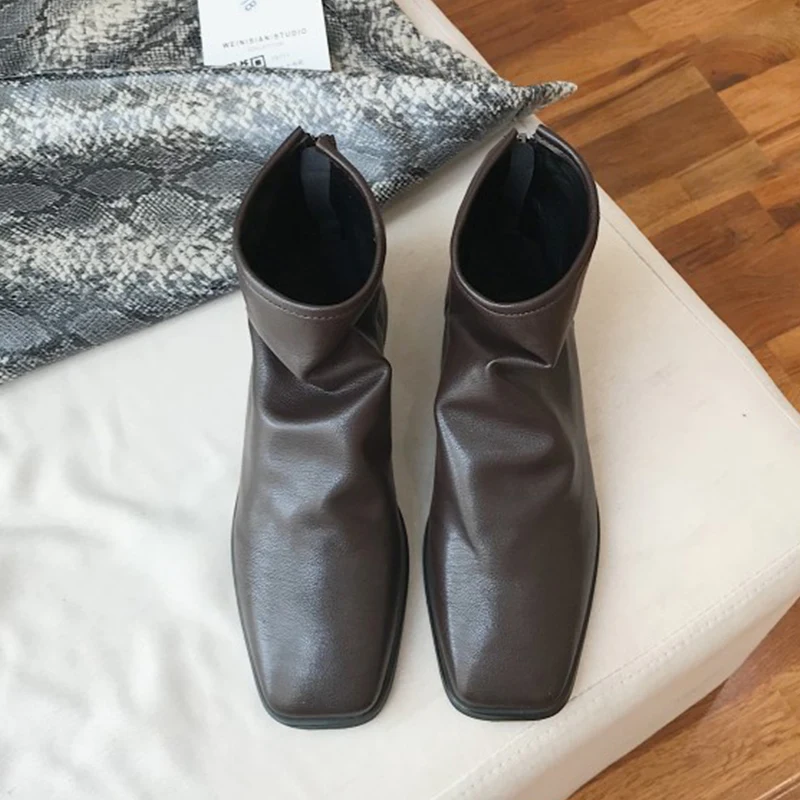 

2021 Ankle Boots For Women Square Toe Fashion Shoes Plush Warm Winter Short Boots Zipper Square Heels Lady Motorcycle Shoes