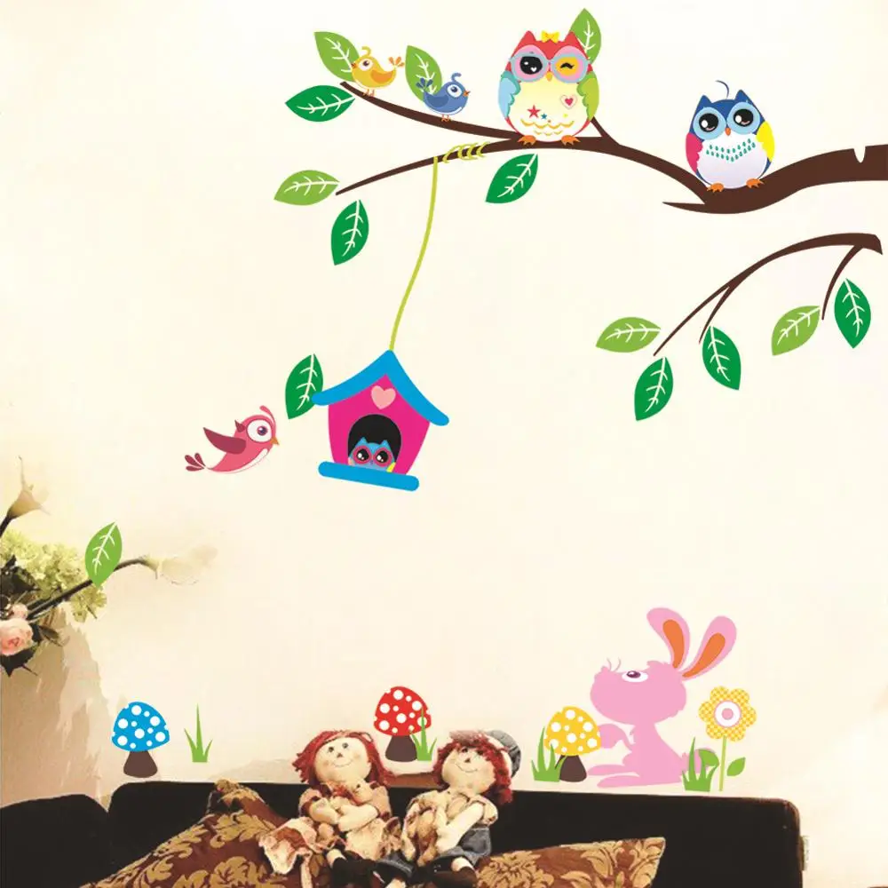 

Cartoon owls birdbranch flowers Wall Stickers for kids room living room nursery 3D home decor vinyl pvc Backdrop stickers mural