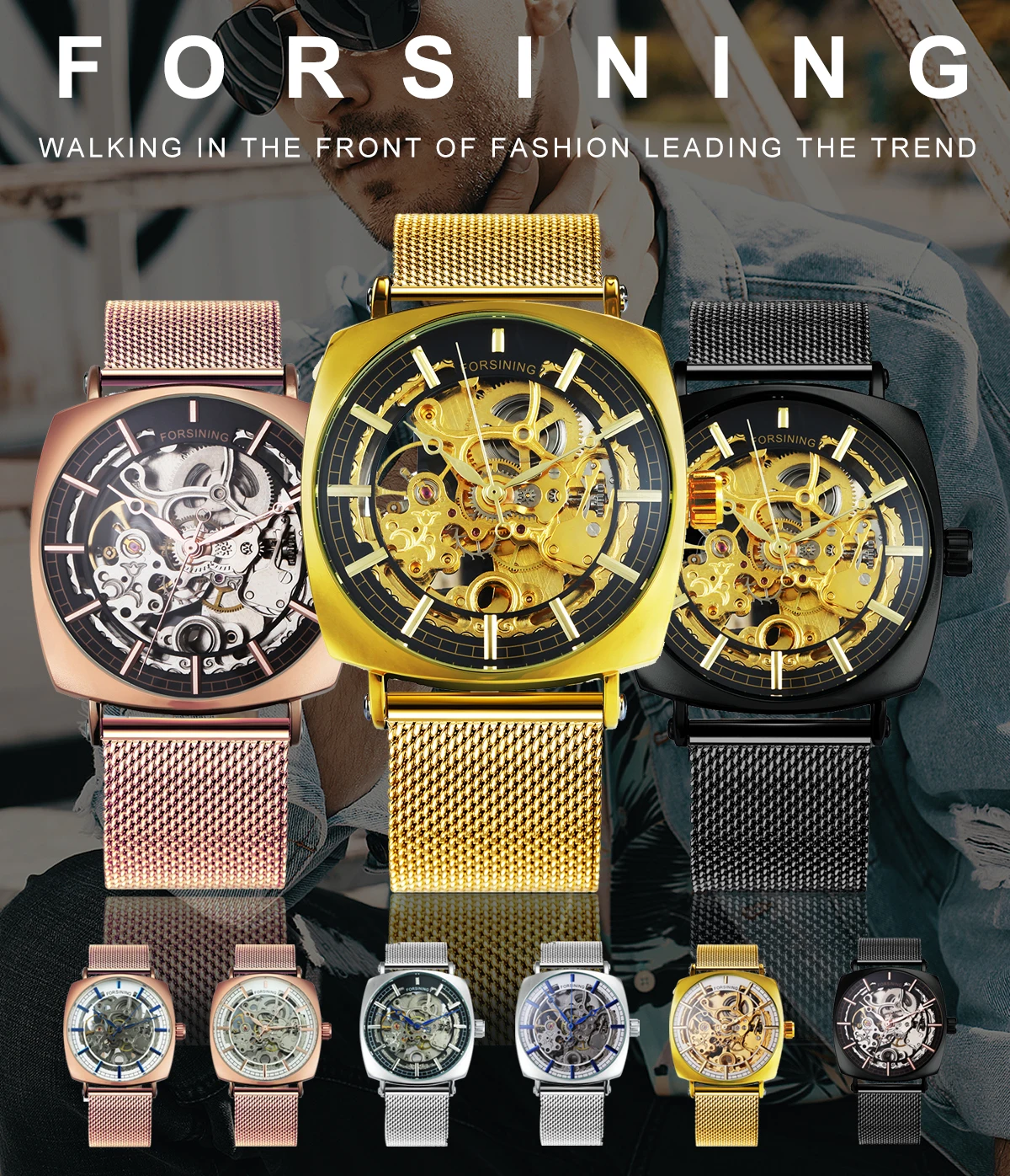 FORSINING Top Brand Luxury Automatic Watch Men Skeleton Mechanical Watches Fashion Rose-Gold Square Wristwatches Men's Gift Xmas |