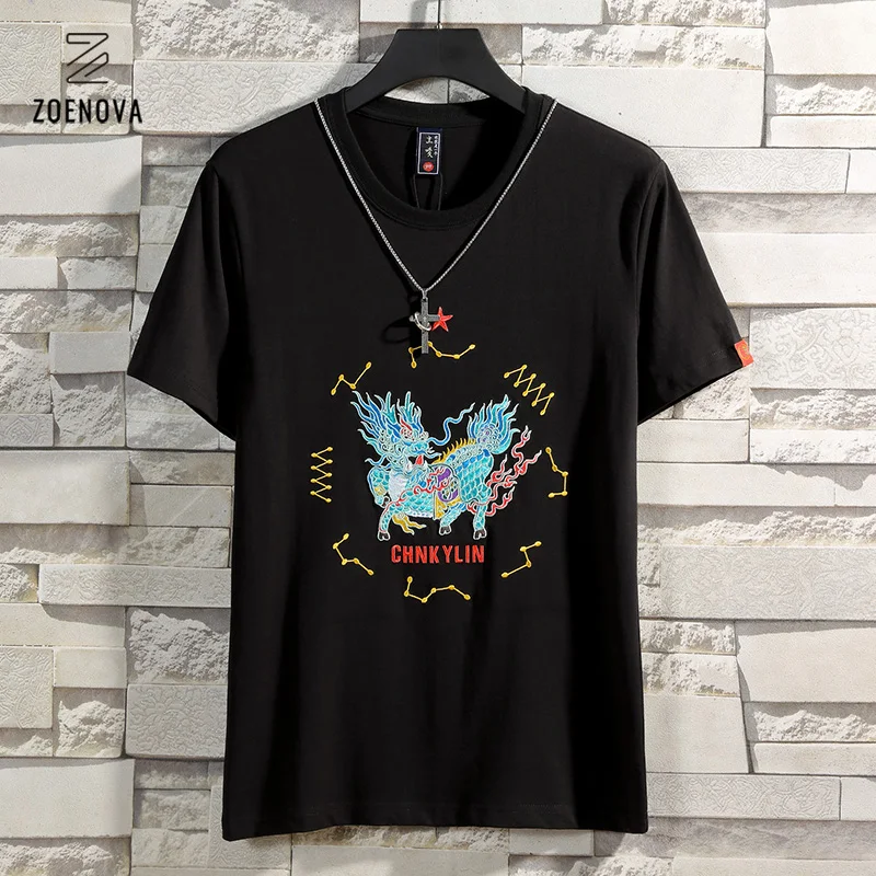 

ZOENOVA китайский Kirin вышивка мужская футболка из хлопка Harajuku мужские футболки летние топы футболка для мужчин костюмы блузка Размеры M-4XL