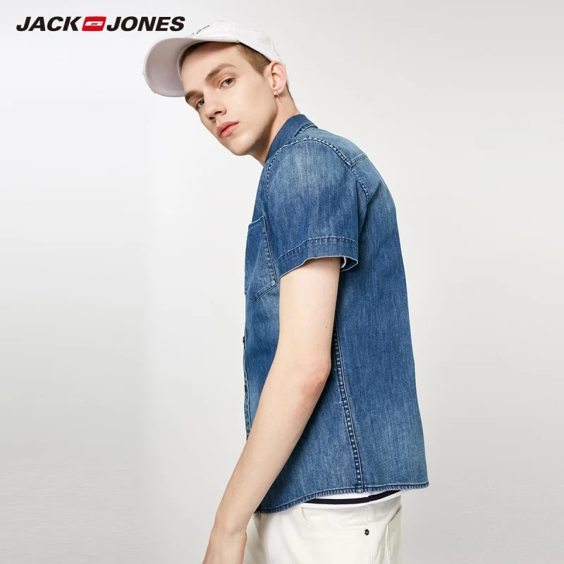 Мужская джинсовая рубашка JackJones приталенная с короткими рукавами в Корейском