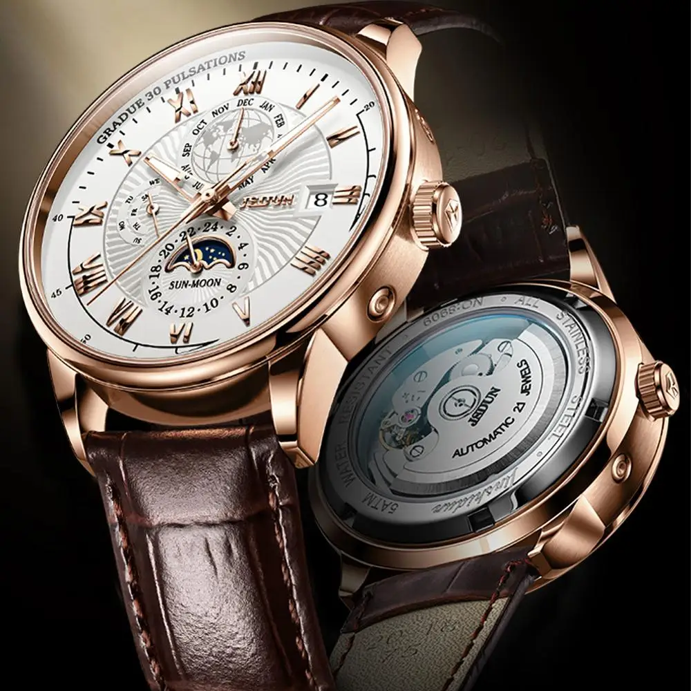 

JSDUN Men Mechanical Watch Moon Phase Luxury Automatic Watch Leather 50M Waterproof Sports Wristwatch relogio masculino 8909