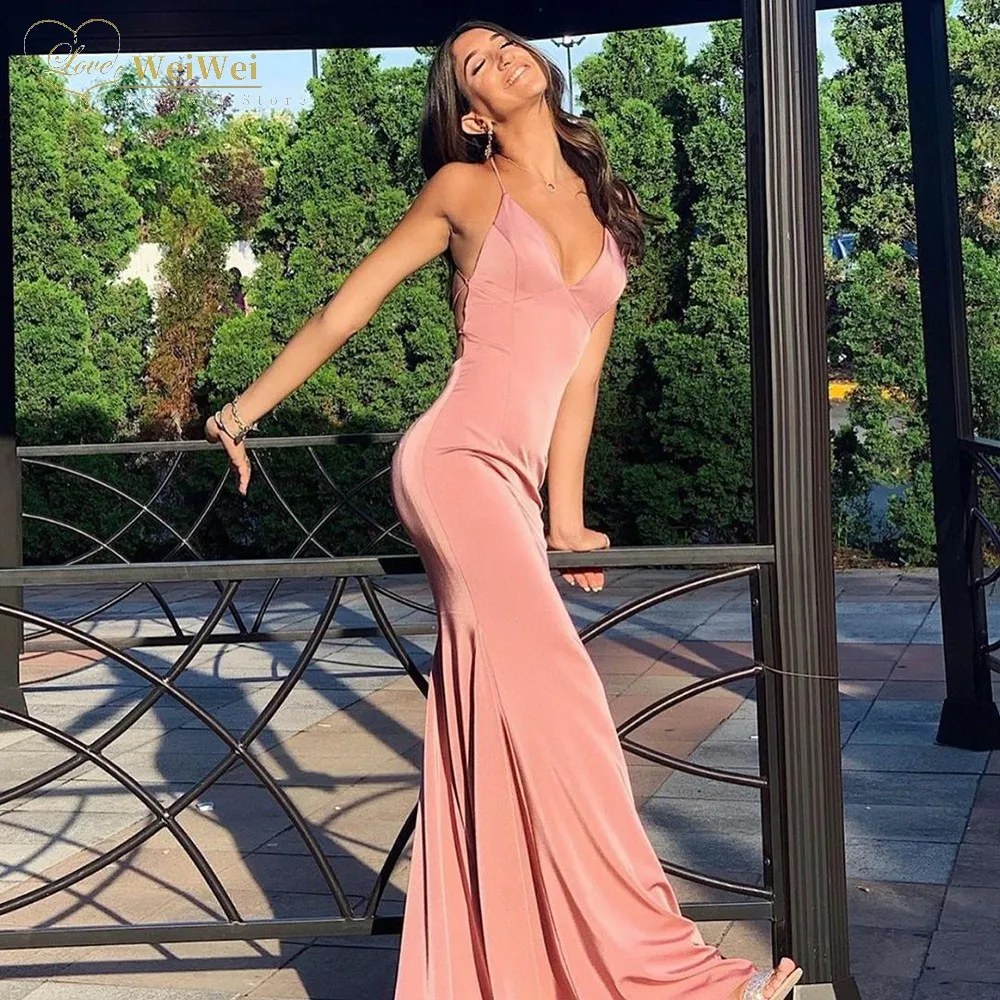 

Simple Mermaid Prom Dresses Pink Satin Spaghetti Straps V-Neck Sleeveless Floor Length Backless Evening Rrobes De Cocktail