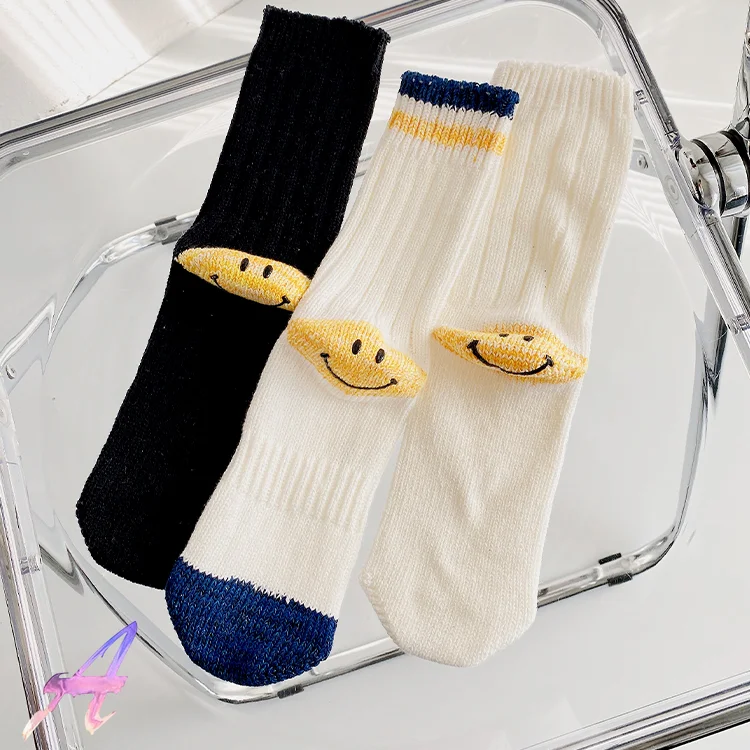 2 Pack KAPITAL Middle Tube Socks Men's Women's Smiley Face  Cotton Socks Casual KAPITAL Knitted Socks
