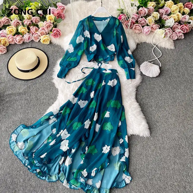 

Women's beach style holiday Chiffon fashion 2-piece 2021 spring long sleeve V-neck Puff Sleeve Top + high waist slit long skirt