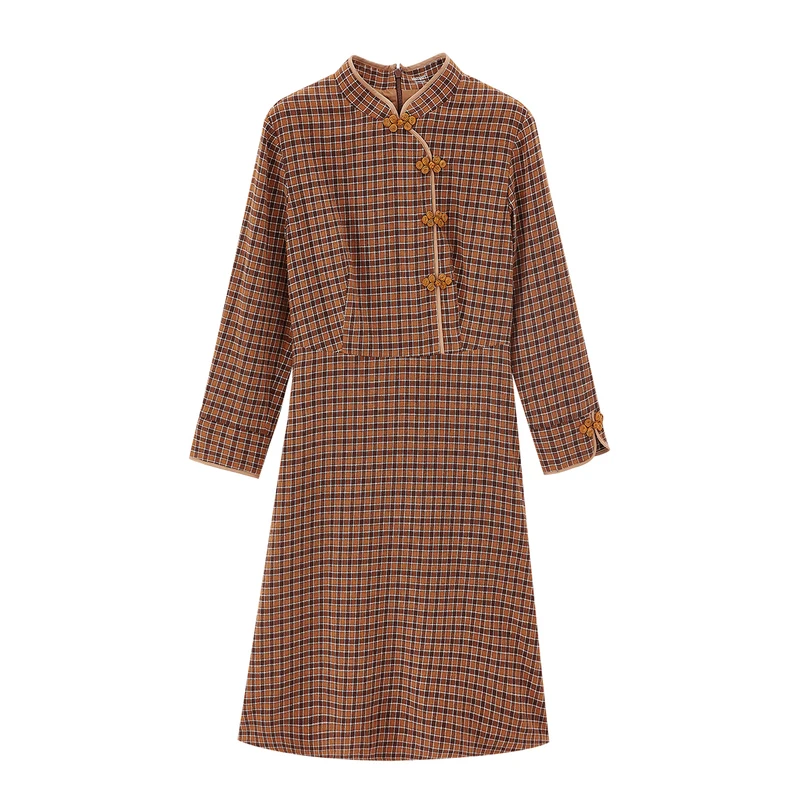 

INMAN Autumn Winter Plaid Dress Retro Cotton Buckle Collar Three-quarter Sleeve Dress